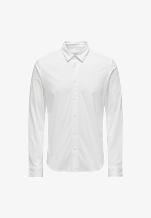Biała koszula z długim rękawem, wykonana z bawełny, z kołnierzykiem zapinanym na guziki oraz listwą z guzikami w tym samym kolorze. Gładka tekstura.