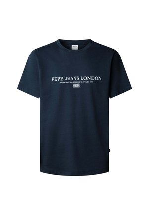 T-shirt en coton bleu marine à manches courtes. Présente un texte blanc indiquant "PEPE JEANS LONDON" et une étiquette sur la couture latérale. Design classique à col rond.