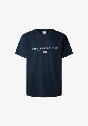 T-shirt en coton bleu marine à manches courtes. Présente un texte blanc indiquant "PEPE JEANS LONDON" et une étiquette sur la couture latérale. Design classique à col rond.