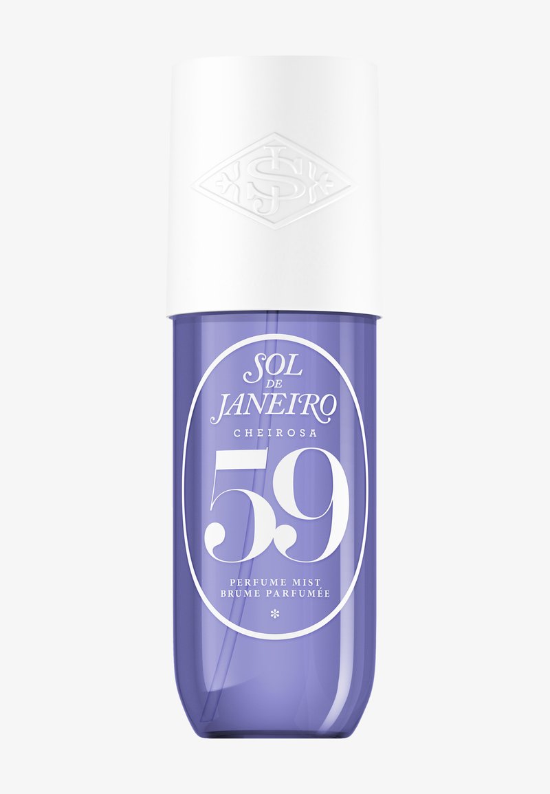 Paarse doorschijnende parfumnevelfles met witte dop, gelabeld Sol de Janeiro Cheirosa 59, parfumnevel brume parfumée.
