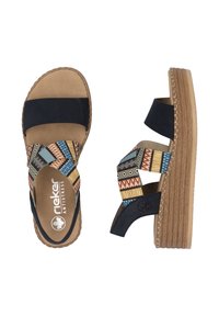 Wedge sandals with a black and colorful geometric-patterned strap. Features a tan underside and textured, light brown sole for grip.