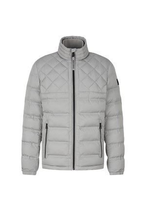 Graue, gesteppten Jacke mit hohem Kragen, Frontreißverschluss und zwei Seitentaschen. Aus leichtem, wasserabweisendem Material.