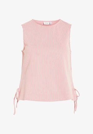 Haut sans manches à rayures verticales rose et blanches avec encolure ronde et détails à nouer sur les côtés de l'ourlet.
