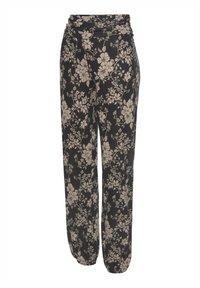 Zwarte bloemenbroek met beige bloemen, zachte stof, relaxte pasvorm, elastische taille en enkelsboorden. Geschikt voor casual draag.