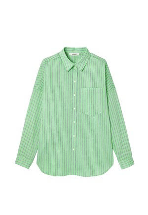 Blouse rayée verte à manches longues, devant boutonné et avec une poche poitrine. Présente des rayures verticales dans des teintes plus claires et plus foncées.