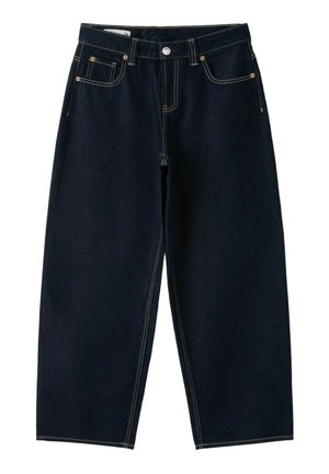 Dark indigo wide-leg denim jeans with five pockets, contrast stitching, belt loops, and a metal button closure at the waist.