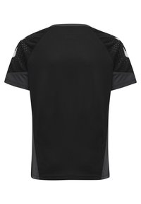 Svart atletisk t-shirt med meshmaterial, korta raglanärmar och kontrasterande grå detaljer på axlar och sidor.