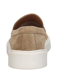 Beige suede slip-on shoes with a padded collar and white rubber sole. Features a smooth texture and minimal stitching detail on the back.