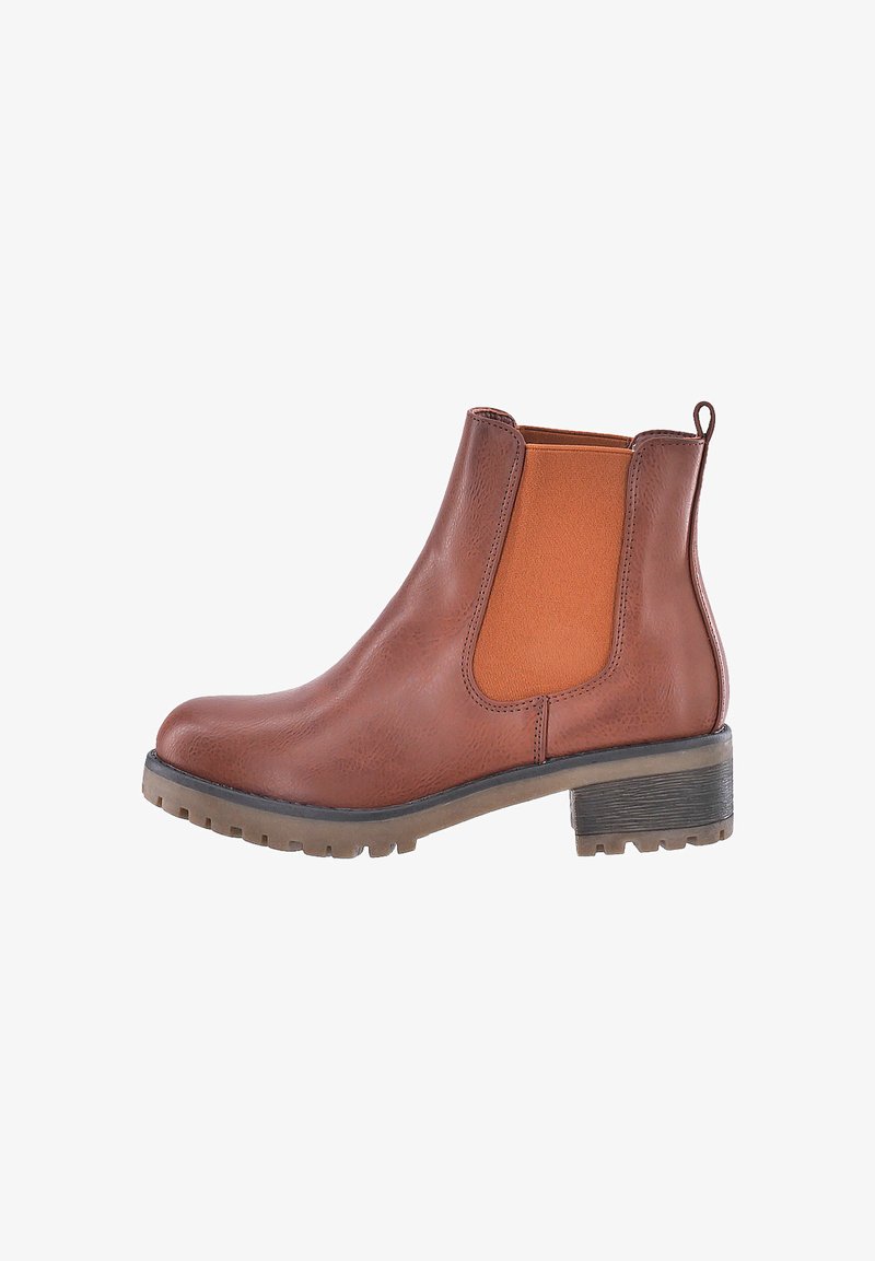 Botas de cuero marrón hasta el tobillo con paneles laterales elásticos. Punta redondeada y suela texturizada gruesa. Cuenta con una cinta en la parte trasera para facilitar el uso.