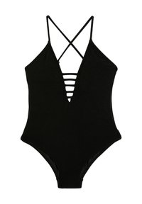 Maillot de bain une pièce noir avec un décolleté en V profond, des bretelles croisées dans le dos et des découpes à l'avant. Fabriqué en tissu texturé.