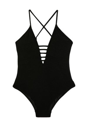 Zwarte badpak met een diepe V-hals, gekruiste bandjes op de rug en uitsnijdingen aan de voorkant. Gemaakt van textiel stof.