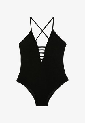Zwarte badpak met een diepe V-hals, gekruiste bandjes op de rug en uitsnijdingen aan de voorkant. Gemaakt van textiel stof.