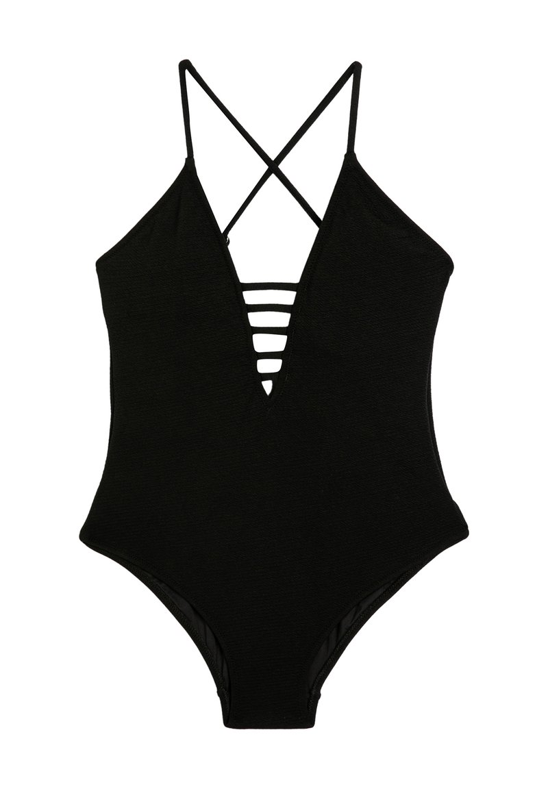 Maillot de bain une pièce noir avec un décolleté en V profond, des bretelles croisées dans le dos et des découpes à l'avant. Fabriqué en tissu texturé.