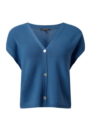 Blau gestrickte Strickjacke mit V-Ausschnitt, kurzen Ärmeln und fünf Knöpfen an der Vorderseite. Hergestellt aus weichem, strukturiertem Stoff.