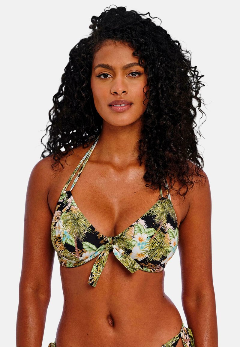 Bloemenbikini top met driehoekige cups, een zwarte achtergrond en groene palmpatronen. Vastgebonden in het midden met verstelbare banden.
