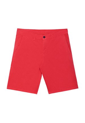 Shorts en coton rouge au design épuré, avec deux poches avant et une fermeture à bouton unique. Texture lisse et coupe ajustée.