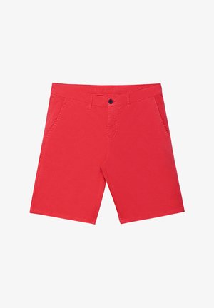 Rode katoen shorts met een gestroomlijnd ontwerp, voorzien van twee voorkoteletten en een enkele knoopsluiting. Soepele textuur en pasvorm op maat.