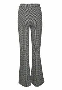 Svartvitt hundtandsmönster med utsvängda byxor, hög midja och elastisk linning, med en slät textur och figursydd silhuett.