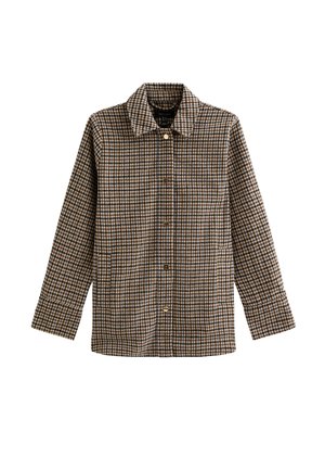 Veste à carreaux marron avec col, manches longues et fermeture à boutons. Fabriquée en tissu texturé avec des carrés mis en valeur en bleu et crème.