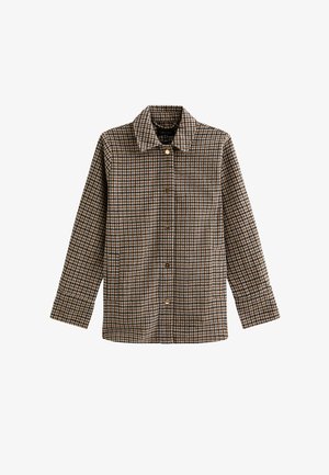 Chaqueta de camisa de cuadros marrón con cuello, mangas largas y cierre de botones. Hecha de una tela texturizada con cuadrados resaltados en azul y crema.