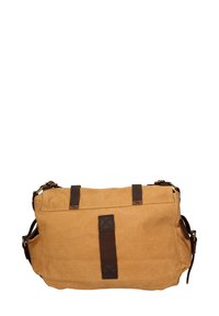 Borsa di tela beige con dettagli in pelle marrone. Caratterizzata da una chiusura con zip, cinghie laterali e cuciture rinforzate. Forma rettangolare con una base piatta.