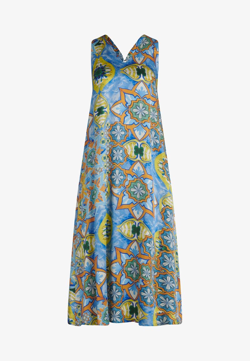 Farverig ærmeløs kjole med V-hals, lavet af let stof med en blå base og indviklede blomster- og geometriske mønstre i grøn, orange og gul.