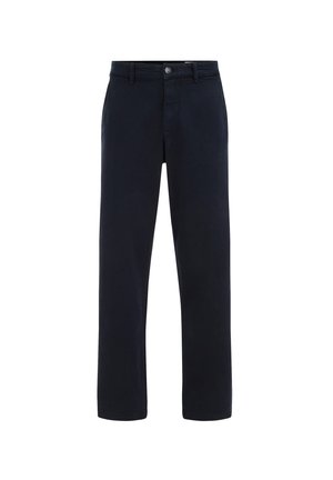 Pantalones de algodón azul marino con un diseño de pierna recta, cierre frontal con botón y dos bolsillos laterales. Textura suave, sin patrones ni acentos.