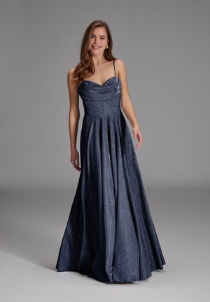 Abito lungo blu navy con scollatura a cuore, corpetto aderente con pieghe e tessuto scintillante e testurizzato. Inclusi spallini a spaghetti.