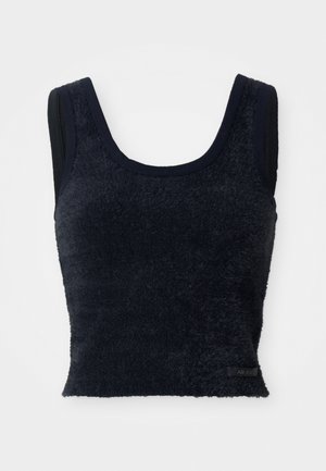 Marineblauw cropped tanktop van textiel met een gestructureerde stof en brede schouderbanden, met een zwart label aan de onderzoom.