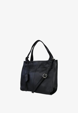 Sac à main en cuir noir avec deux poignées supérieures, une bandoulière réglable avec boucle et une surface texturée.