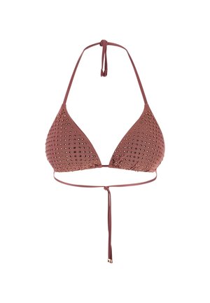 Haut de bikini triangulaire en rose poussiéreux avec des clous métalliques, liens autour du cou à nouer et liens latéraux réglables pour un ajustement personnalisé.