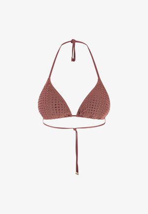 Triangulārs bikinija tops pelnu rozā tonī ar metāla dīgstiem, kakla saites un regulējamas sānu saites, lai nodrošinātu pielāgojamu piegulšanu.