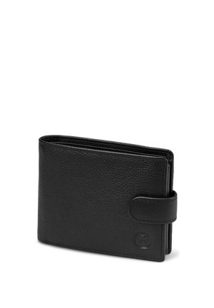 Svart teksturert skinn lommebok med to brett, knappelukking og preget sirkulært logo på fremre hjørne, vist lukket på hvit bakgrunn.