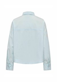 Light blue, cotton long-sleeve shirt with a collar, featuring a straight cut and buttoned cuffs, smooth texture and minimal detailing.
