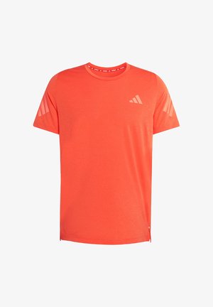 Kurzärmeliges, rundhalsiges, leuchtend orangefarbenes Sport-T-Shirt. Verfügt über dezente Ton-in-Ton-Streifen auf den Schultern und ein kleines Logo auf der Brust.