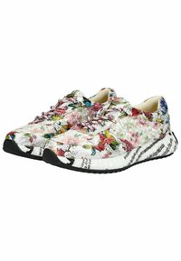 Zapatillas con un patrón floral y base blanca, con acentos en rosa, azul y verde. Parte superior texturizada con suelas de goma negra. Diseño con cordones.