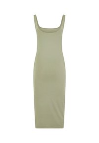 Robe midi sans manches en tissu vert olive clair, avec un décolleté arrondi, une silhouette ajustée et une texture lisse.