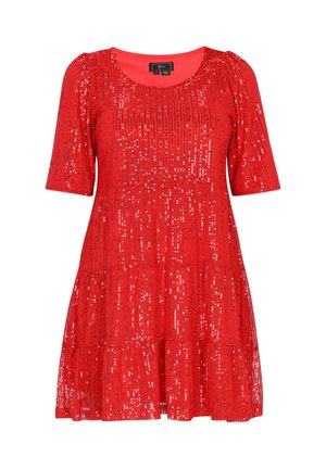 Rochie roșie din paiete cu mâneci scurte bufante, decolteu rotund și fustă stratificată. Paietele strălucitoare creează o suprafață texturată.
