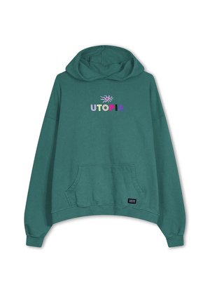 Felpa teal con tasca frontale, caratterizzata da testo "UTOPIA" multicolore e un design grafico sopra. Tessuto morbido, vestibilità rilassata, polsini a coste.