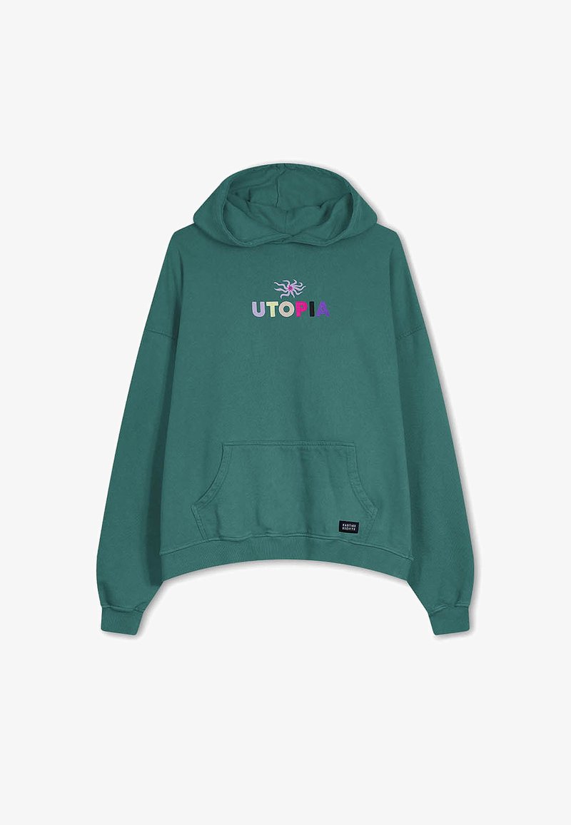 Teal hoodie met een voorzak, voorzien van kleurrijke "UTOPIA" tekst en een grafisch ontwerp erboven. Zacht materiaal, relaxte pasvorm, ribgebreide manchetten.