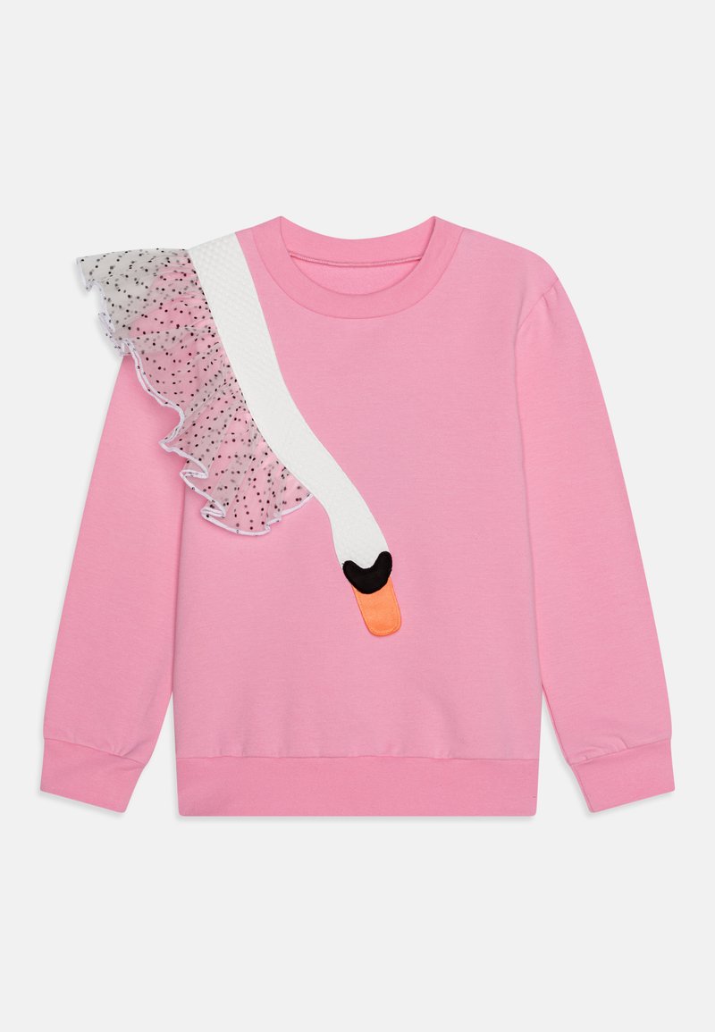 Pink sweatshirt featuring a swan motif with an appliqué neck, accented by a ruffled sheer fabric with black polka dots on one shoulder.