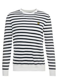 Maglione a righe bianco e blu navy, realizzato in tessuto a maglia. Presenta un collo rotondo e un logo giallo ricamato sul petto.