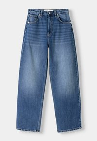 Široké modré džíny z denimu s lehkým ombré, designem s pěti kapsami a kovovými detaily. Mají rovný střih a minimální opotřebení.