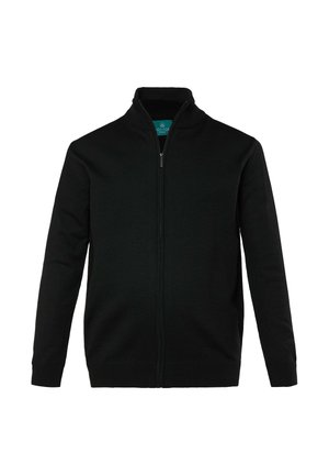 Black zip-up sweater with a standing collar, ribbed texture, long sleeves, and a fitted design; features a visible zipper and a teal inner label.