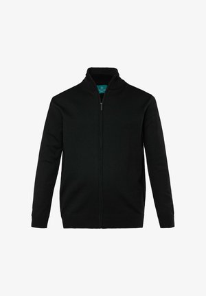 Black zip-up sweater with a standing collar, ribbed texture, long sleeves, and a fitted design; features a visible zipper and a teal inner label.
