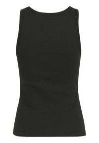 Schwarzes, geripptes Tanktop mit rundem Ausschnitt und ärmellosem Design. Der Stoff wirkt weich und hat eine dezente vertikale Textur.