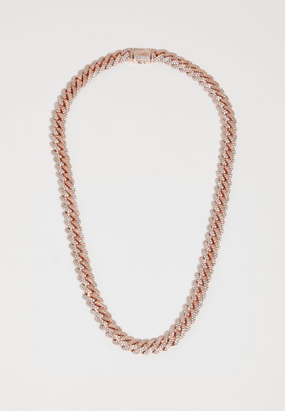 Rose gold-colored necklace featuring a twisted design, adorned with clear sparkling crystals and a clasp in the center. Smooth texture.
