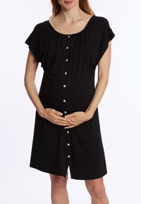 Zwarte zwangerschapsjurk met korte fluttermouwen, ronde halslijn en volledige knoopsluiting aan de voorkant. Zachte stof, lengte tot de knie.