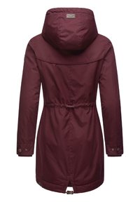 Maroon parka with a hood, drawstring waist, and buttoned cuffs. Features a smooth texture and a vented back with a logo tag.