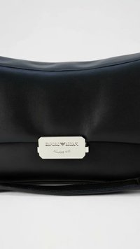 Black leather Emporio Armani clutch purse with silver metal logo plaque engraved with brand name and Milano 1981.